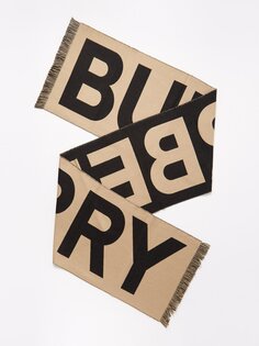 Двусторонний жаккардовый шерстяной шарф с логотипом Burberry, бежевый