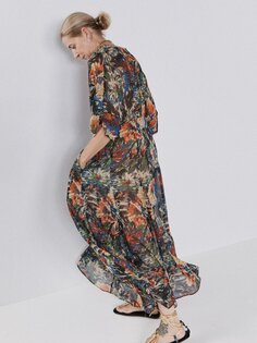 Шелковое платье с принтом хризантем и резинкой на талии Raey, мультиколор