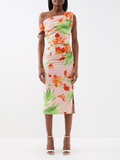 Шелковое платье миди с открытыми плечами и тропическим принтом Carolina Herrera, розовый