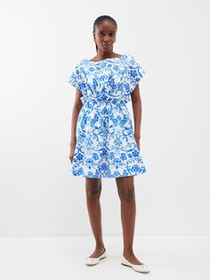 Платье мини из твила с глубоким вырезом на спине и цветочным принтом Carolina Herrera, синий