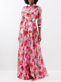 Шелковое платье-рубашка макси с принтом роз Carolina Herrera, розовый