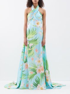 Шелковое платье с воротником халтер и тропическим принтом Carolina Herrera, синий