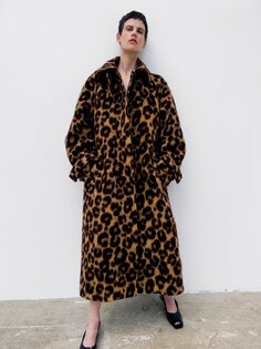 Пальто из смесовой шерсти с леопардовым принтом и поясом, рукавами реглан Raey, коричневый