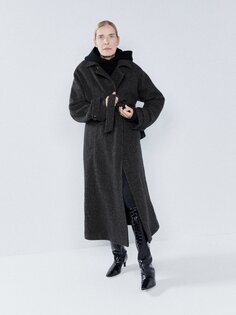 Шерстяное пальто оверсайз с поясом и узором «елочка» Raey, серый