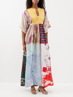 Платье из шелка с вышитым нагрудником и лоскутным принтом Rianna + Nina, мультиколор