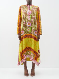 Платье миди из шелкового кафтана с цветочным принтом Rianna + Nina, зеленый