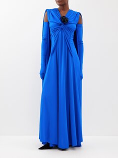 Атласное платье с рукавами-перчатками и аппликацией в виде роз Richard Quinn, синий