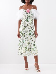Шелковое платье с принтом и оборками с цветочной аппликацией Rodarte, белый