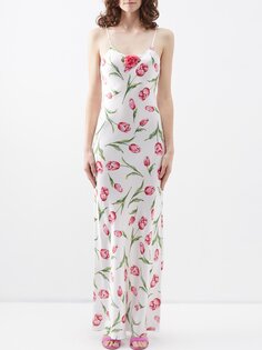 Шелковое платье макси косого кроя с тюльпановым принтом Rodarte, розовый