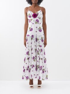 Шелковое платье-комбинация с цветочной аппликацией Rodarte, белый