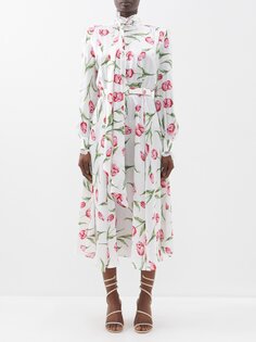 Шелковое платье с поясом и цветочным принтом Rodarte, розовый