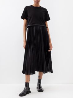 Плиссированное платье-футболка из хлопкового атласа Sacai, черный