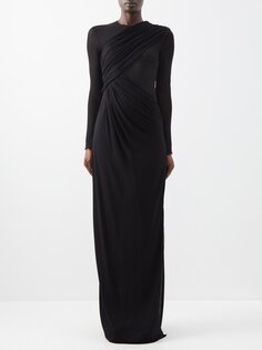 Платье макси из драпированного крепа и джерси Saint Laurent, черный