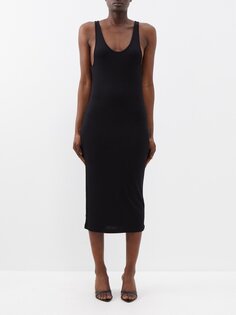 Платье миди из джерси в рубчик с овальным вырезом Saint Laurent, черный