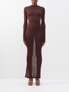 Платье макси из прозрачного джерси с вырезом лодочкой Saint Laurent, коричневый
