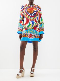 Платье мини из смесового шелка с принтом carretto и шармезом Dolce &amp; Gabbana, мультиколор