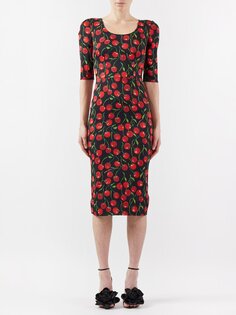 Платье миди из смесового шелка с вишневым принтом и шармезом Dolce &amp; Gabbana, черный