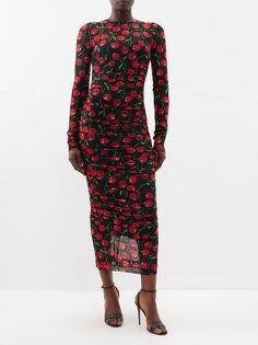 Платье миди из тюля со сборками и вишневым принтом Dolce &amp; Gabbana, черный