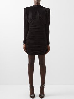 Платье мини из джерси с открытой спиной и сборками Saint Laurent, черный