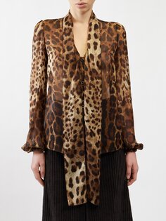Рубашка из шелкового шифона с леопардовым принтом и бантом Dolce &amp; Gabbana, бежевый