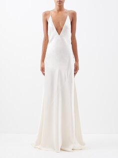 Платье из шелкового атласа с глубоким вырезом Saint Laurent, белый