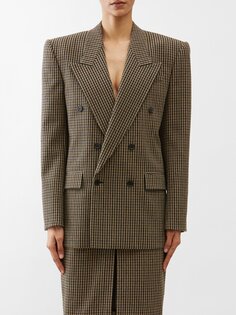 Двубортный пиджак в клетку из смесовой шерсти Saint Laurent, коричневый