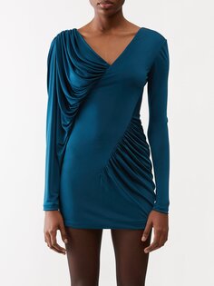 Платье мини из джерси асимметричного кроя со сборками Saint Laurent, синий
