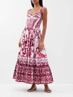 Платье макси из хлопкового поплина с принтом майолика Dolce &amp; Gabbana, розовый