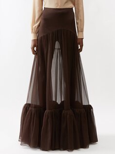 Юбка макси из шелка и рюшами Saint Laurent, коричневый