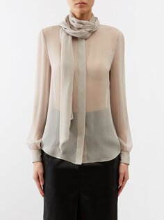 Прозрачная блузка из органического шелка с воротником-шарфом Saint Laurent, бежевый
