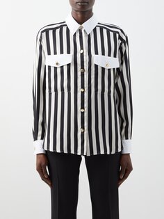 Полосатая рубашка из шелкового твила с накладными карманами Saint Laurent, белый