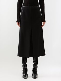 Шерстяная юбка миди с кожаной отделкой и разрезом спереди Saint Laurent, черный