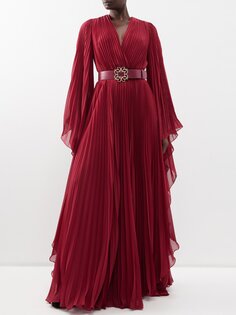 Платье из плиссированного жоржета с поясом Elie Saab, красный