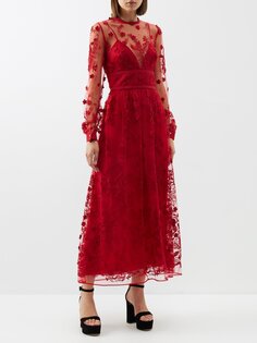 Платье миди из тюля с цветочной вышивкой Elie Saab, красный