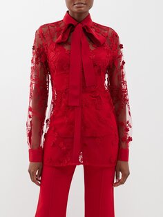 Блуза из тюля с цветочной вышивкой и бантом Elie Saab, красный