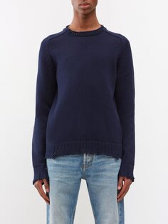 Потертый свитер хлопковой вязки Saint Laurent, синий