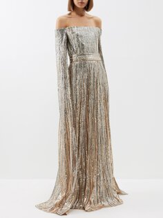 Платье из тюля с пайетками и открытыми плечами Elie Saab, золото