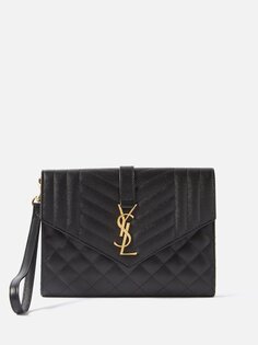 Стеганый кожаный клатч ysl с металлической пластинкой Saint Laurent, черный