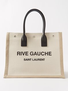 Маленькая сумка-тоут rive gauche из холщовой ткани Saint Laurent, бежевый