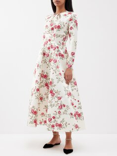 Атласное платье brita с принтом роз и плиссировкой Emilia Wickstead, белый