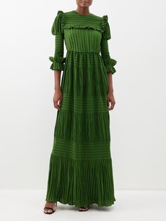 Атласное платье со складками и пышными рукавами Erdem, зеленый
