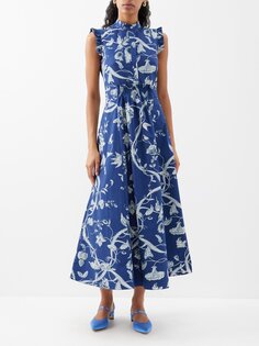 Платье-рубашка из хлопкового поплина с цветочным принтом Erdem, синий
