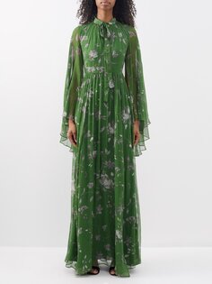 Шелковое платье с цветочным принтом и завязками на воротнике Erdem, зеленый