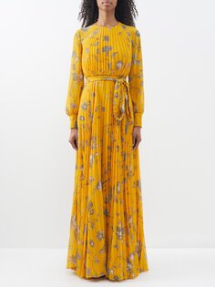 Платье из крепа с цветочным принтом и плиссировкой Erdem, желтый