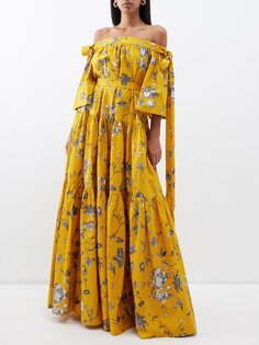 Платье из хлопка фай с завязками и открытыми плечами Erdem, желтый