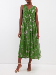 Платье из шелкового жоржета с цветочным принтом Erdem, зеленый