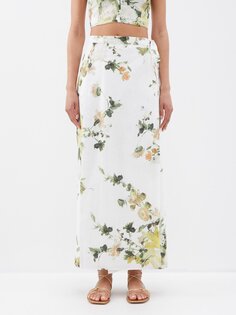 Льняная юбка vacation hermia с запахом и цветочным принтом Erdem, белый