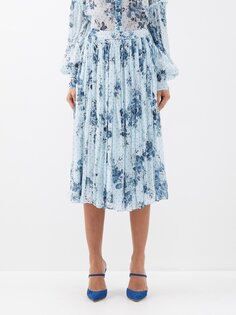 Плиссированная юбка из креп-жоржета с цветочным принтом Erdem, синий