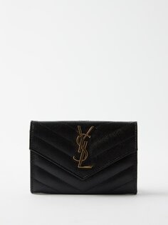 Стеганый кожаный кошелек для монет ysl с металлической пластинкой Saint Laurent, черный