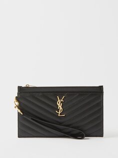 Стеганый кожаный визитница на руку ysl Saint Laurent, черный